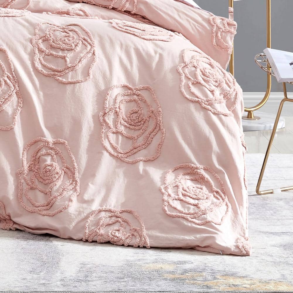 Blush Pink Cotton Twin Duvet Cover Set with Ruffle Pillow