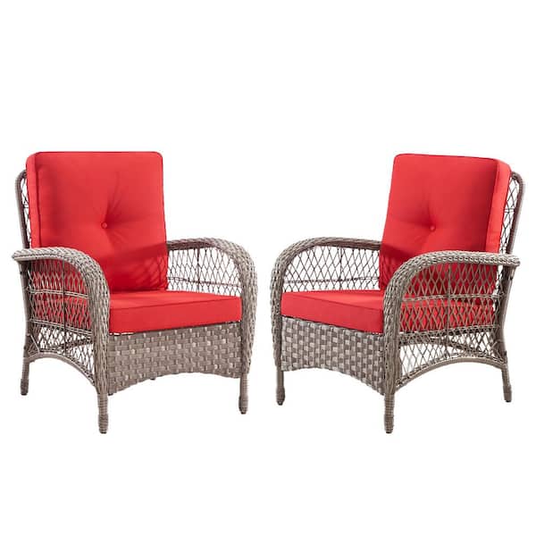 MEOOEM 2-Piece Outdoor Wicker Chairs with Red Cushions for Patio Garden Bistro