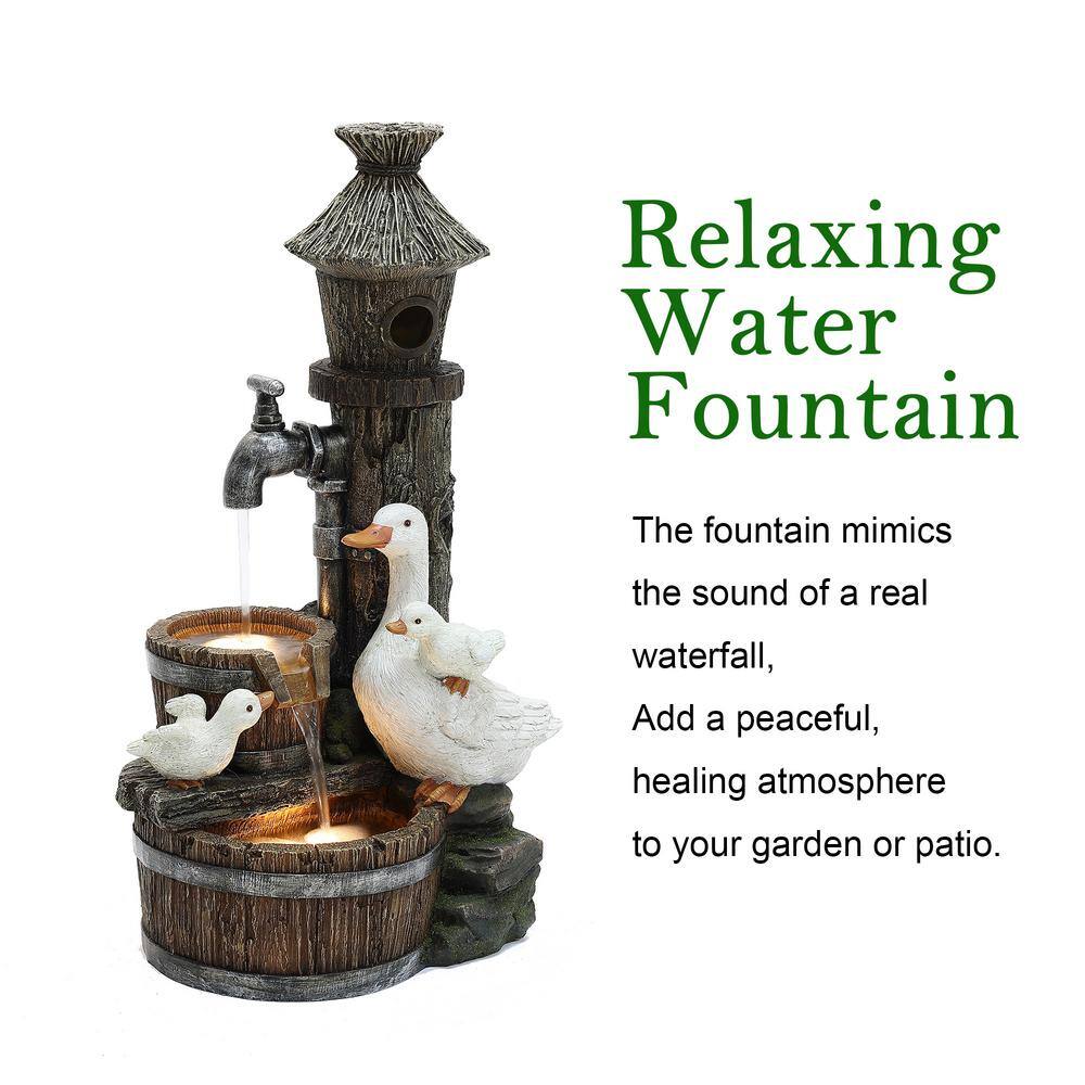 Rustic Farmhouse Ducks and Birdhouse Resin Outdoor Water Fountain with Lights