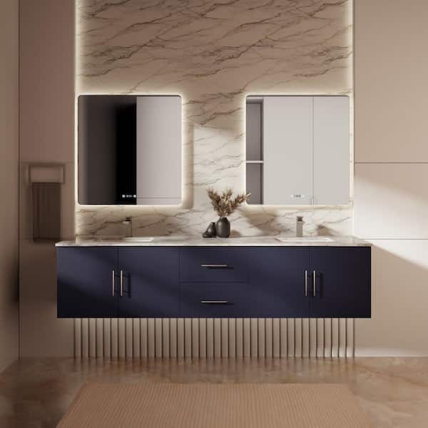 Geneva 80 in. W x 22 in. D Navy Blue Double Bath Vanity without Top and 30 in. LED Mirrors