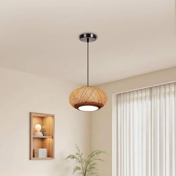 OUKANING 15.7 in. 1-Light Vintage Bamboo Rattan Lantern Pendant