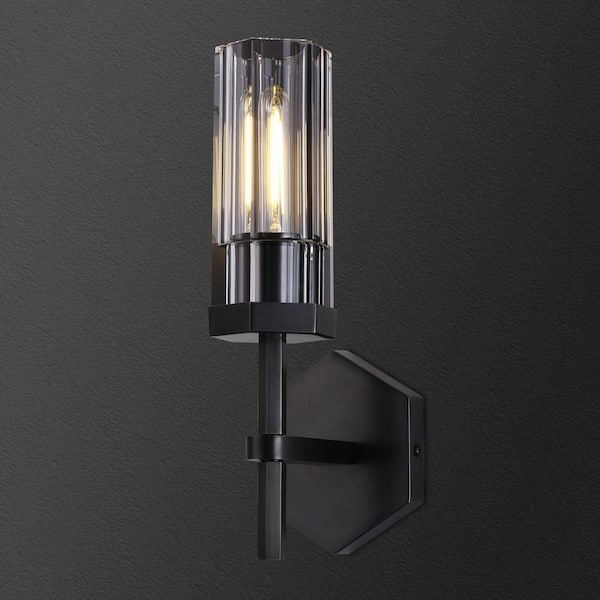 PUYRNF 13 in. 1-Light Black Glass Wall Sconce With Hexagonal Shade For Living Room, Bedroom, Fireplace, Staircase, Bathroom