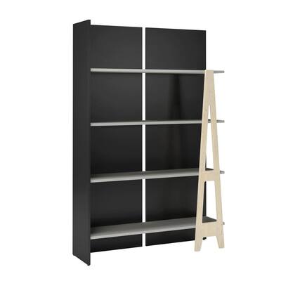 Atypik 60 in.Black Greige and Russian Plywood Wood 4-Shelf Etagere Bookcase with Avant-garde detail