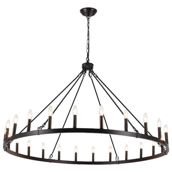24-Light Matte Black Classic Wagon Wheel Chandelier for Living Room Dinning Room with No Bulbs Included