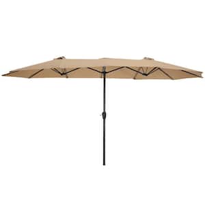 15 x 9 ft. Steel Push-Up Patio Umbrella Double-Sided Rectangular Outdoor Twin Patio Market Umbrella with Crank in Taupe