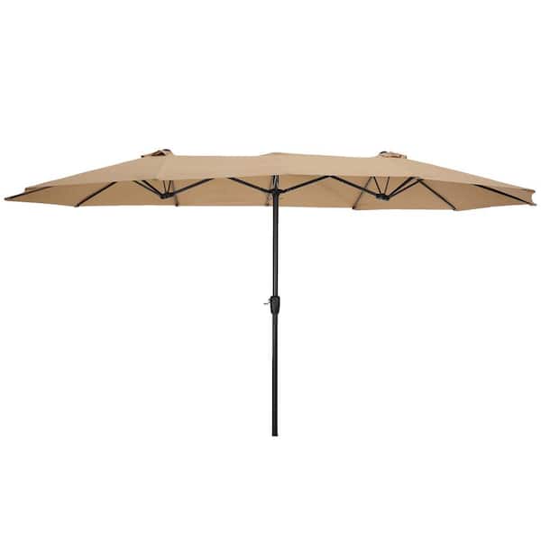 Zeus & Ruta 15 x 9 ft. Steel Push-Up Patio Umbrella Double-Sided Rectangular Outdoor Twin Patio Market Umbrella with Crank in Taupe