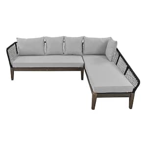 Black Frame Wood Seating Group Outdoor Sectional Sofa Set with Gray Cushions L-Shaped for Garden Lawn Poolside