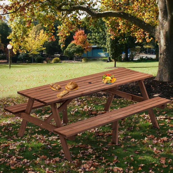 75 in. Brown Rectangle Wooden Picnic Table Seats 8 People with 2 Built-in Benches