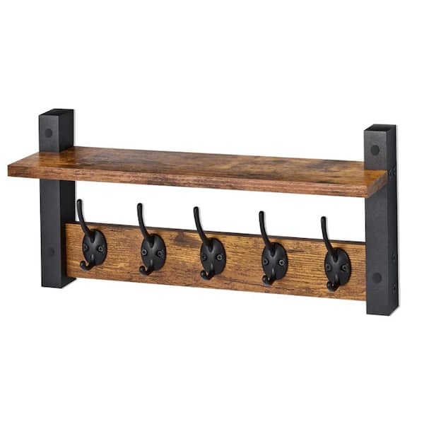 7.5 in. Tall Brown MDF 1 Shelf Standard Bookcase, Coat Hooks Wall Mount Floating Shelf with Heavy Duty Hooks 15.75 in. W