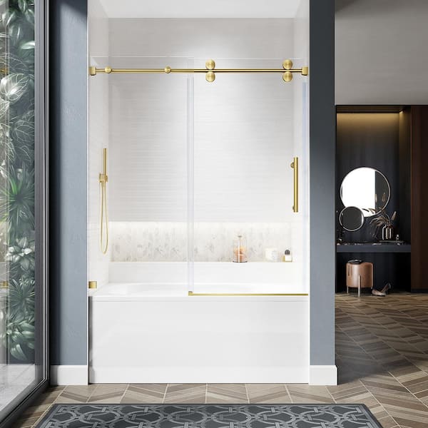 UKS04 56 to 60 in. W x 66 in. H Sliding Frameless Bathtub Door in Satin Brass with Enduro Shield Opti-White Clear Glass