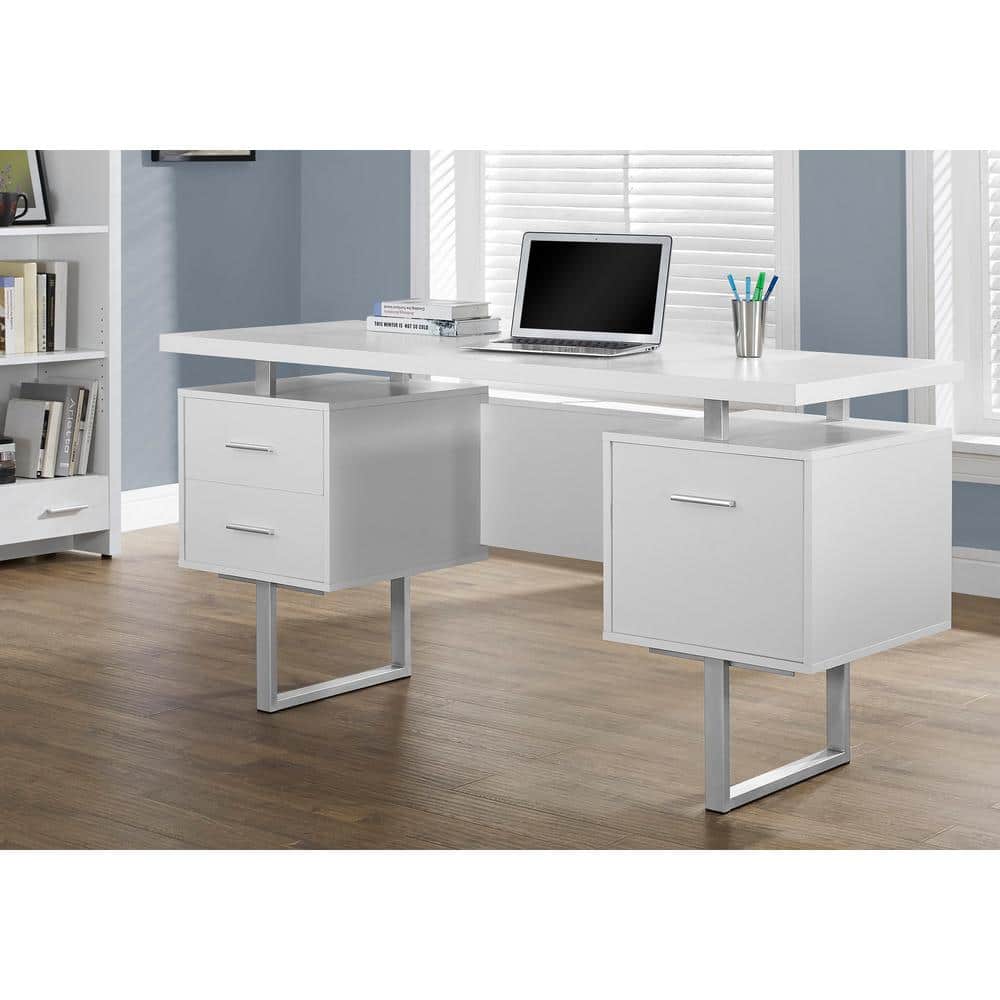 Modern White Home Office Desk with Sleek Metal Legs and Storage