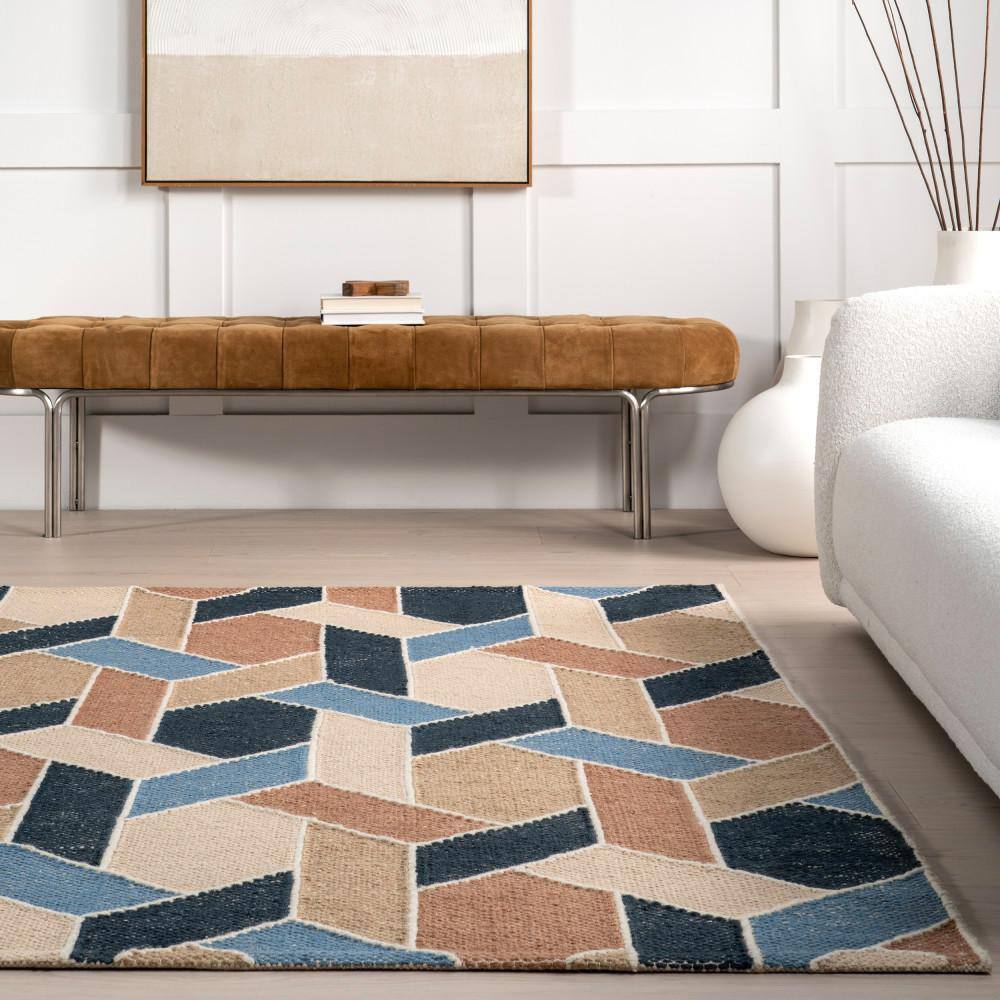 Rhea Blue and Beige Wool Cotton 5' x 8' Geometric Area Rug