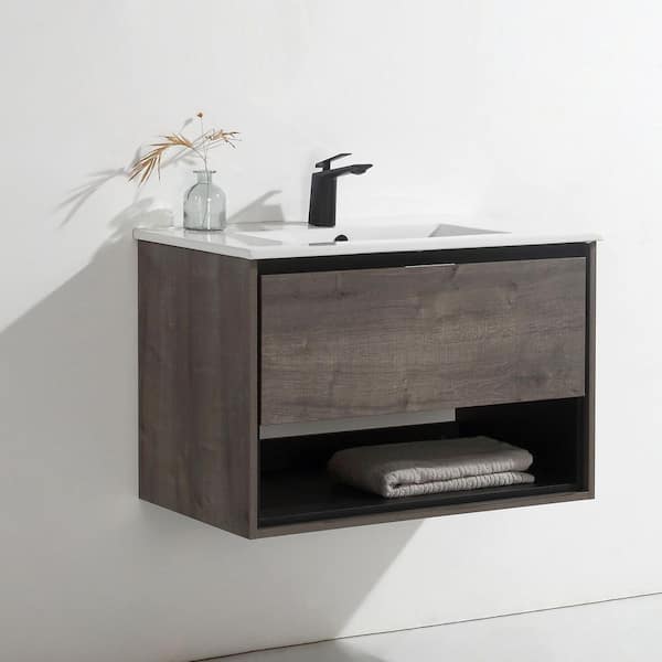 tunuo 32 in. W x 18.3 in. D x 20.3 in. H Wall Mount Bath Vanity in Plaid Gray with White Ceramic Top with White Basin