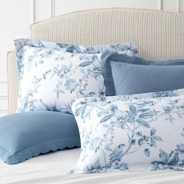 Martha Stewart フル/クイーン掛け布団カバー MARTHA STEWART Songbird 2-Piece White/Blue Cotton Sateen Twin