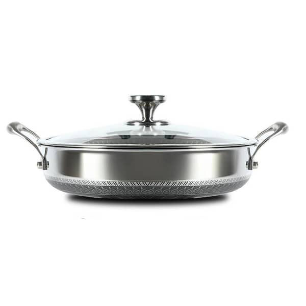 13 in. Electric Coil Deep Frying Pan 13 in. Stainless Steel 7-Layer Clad with Lid Two Handle Oven Dishwasher Safe