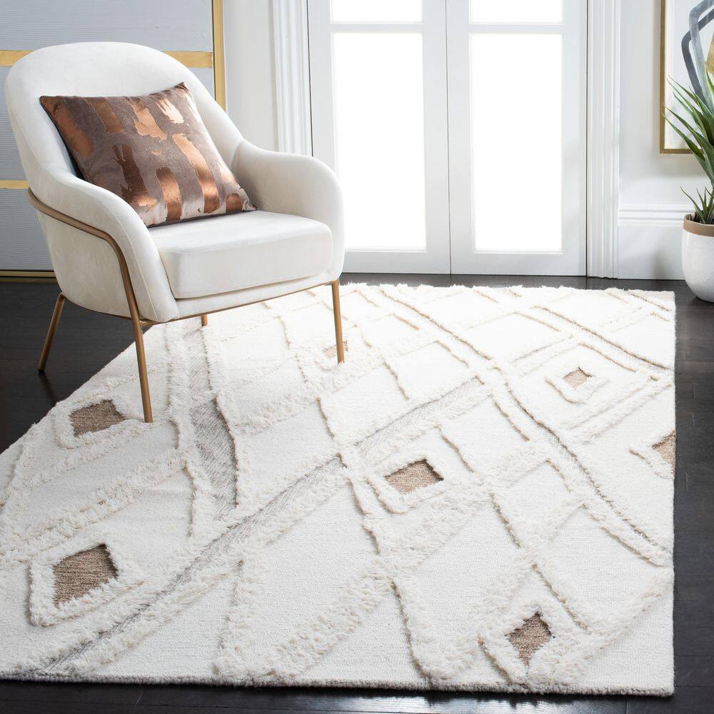 Ivory and Brown Hand-Tufted Wool Square Shag Rug, 6'x6'