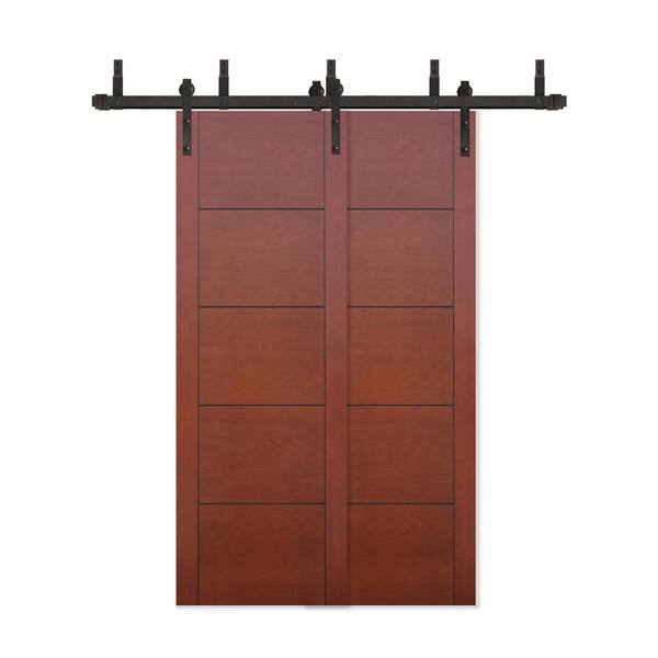 Pacific Entries 48 in. x 80 in. Bypass Prefinished 5-Panel Flush Mahogany Wood Sliding Barn Door with Bronze Hardware Kit