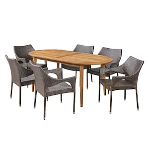 Fayette Teak Brown 7-Piece Wood and Multi-Brown Faux Rattan Outdoor Dining Set