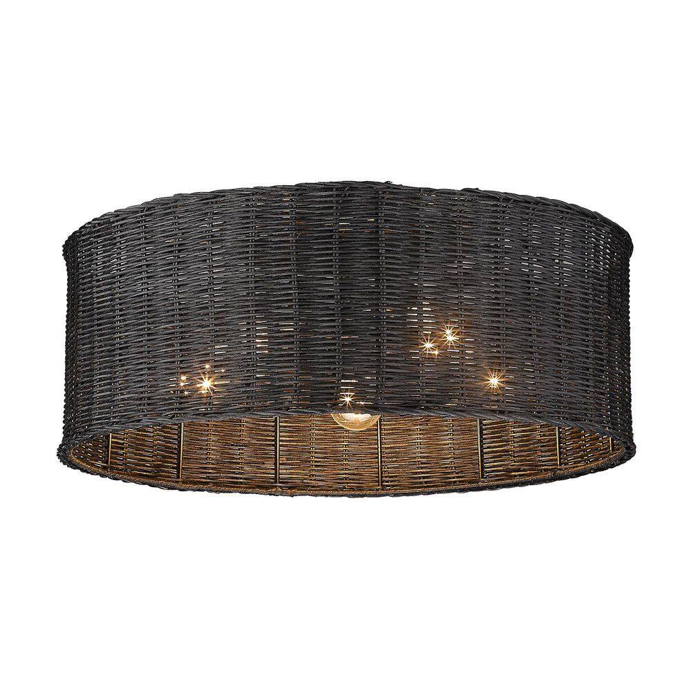 Erma Matte Black Woven Wicker 22'' Drum Flush Mount Light