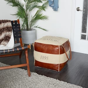 19 in. Brown Canvas with Leather Handles Pouf