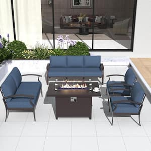 7-Piece Aluminum Patio Conversation Set with Armrest, 55000 BTU Firepit Table and Navy Blue Cushions