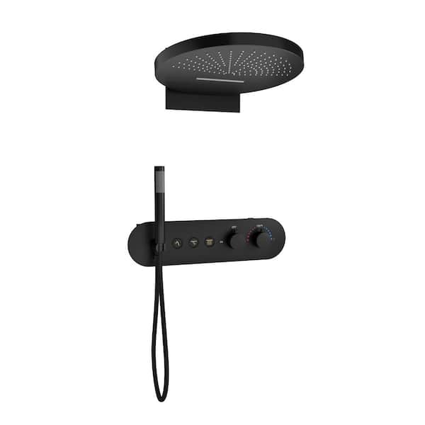 2-Handle 3-Spray 16 in. Shower Faucet and Handheld Shower Head 2.5 GPM with Thermostatic, Anti-Scald in Matte Black