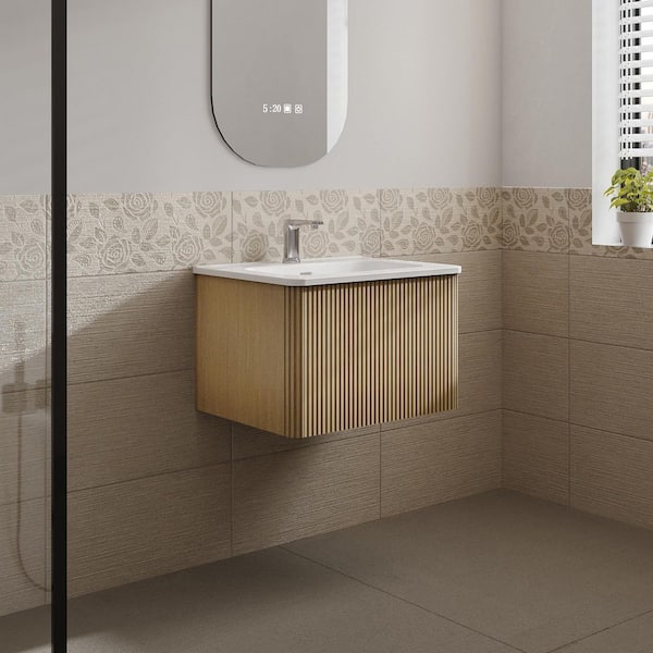 Aaby 24 in. W x 18 in. D x 15 in . H Wall Mounted Floating Bath Vanity Cabinet in Oak with White Ceramic Top and Sink