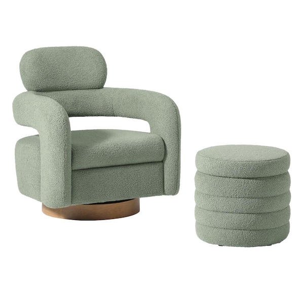 WESTINFURNITURE Bayville Modern 2-Piece Sherpa Swivel Accent Chair Set with Round Storage Footstool Ottoman in Ice Green