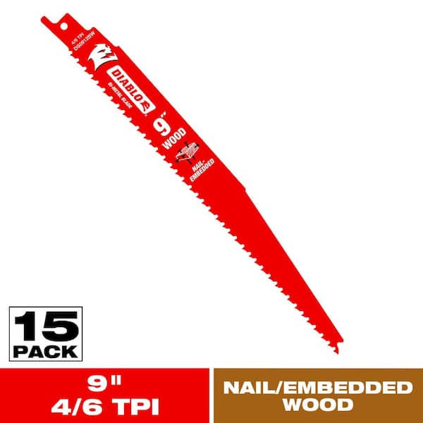 9 in. 4/6 TPI Demo Demon Bi-Metal Reciprocating Saw Blades for Nail-Embedded Wood Cutting (15-Pack)