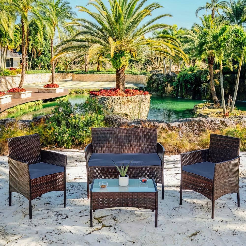Tenleaf 4-Piece Brown Wicker Patio Conversation Set with Blue Cushions ...