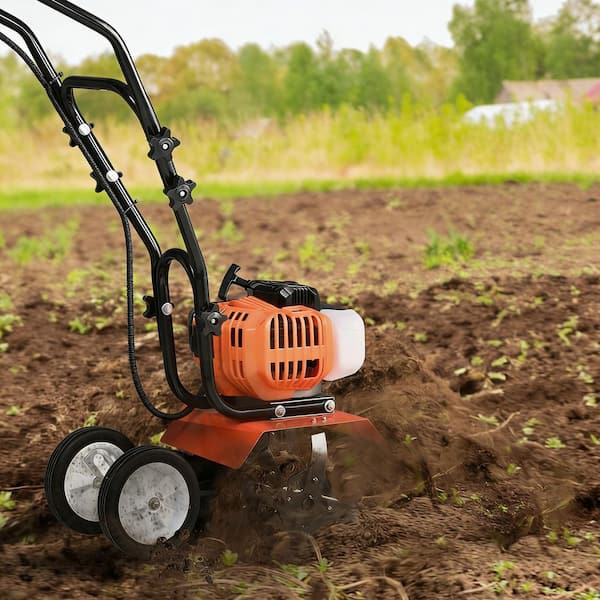Tiller Cultivator, 43CC 2-Stroke Garden Cultivator, 4 Steel Adjustable Front Tines for Lawn, Garden, Field 2025 Update