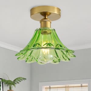 9.17 in. 1-Light Semi Flush Mount Close to Ceiling Light with Flower Green Shade Glass