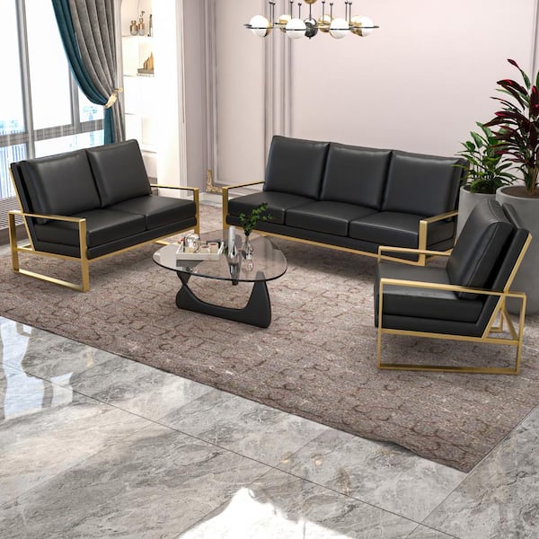 3-Piece Sofa Set Upholstered in Leather with Gold Stainless Steel Base and Removable Cushions in Black