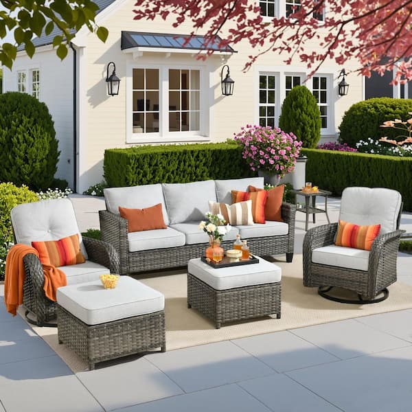 Bloom Terrace 6 Pieces Wicker Outdoor Patio and Swivel Rocking Chairs with Gray Cushions