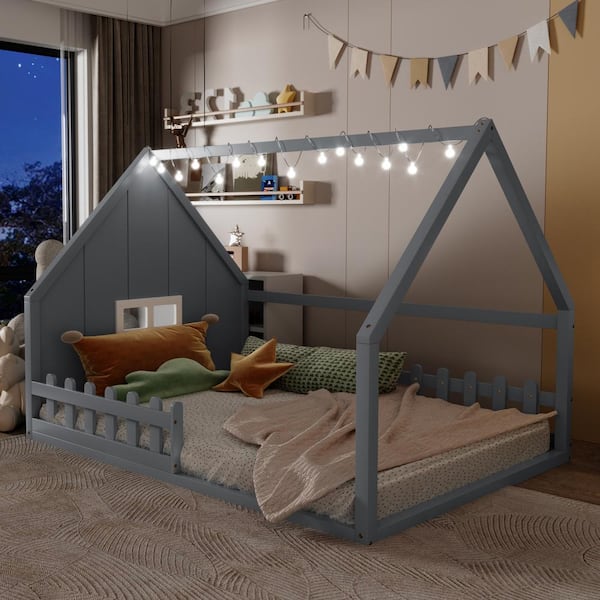Harper & Bright Designs Gray Full Size Wood Frame House-Shaped Floor Platform Bed with LED Light Strip, Fence, Window Pattern