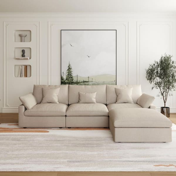 J&E Home 119.29 in. 4-Piece Linen Modular Free Combination Sectional Sofa with Removeble Ottoman and Covers Brown 4-Seater