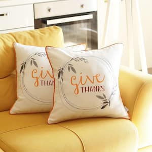 Fall Season Decorative Throw Pillow Quote 18 in. x 18 in. White and Orange Square Thanksgiving for Couch Set of 2