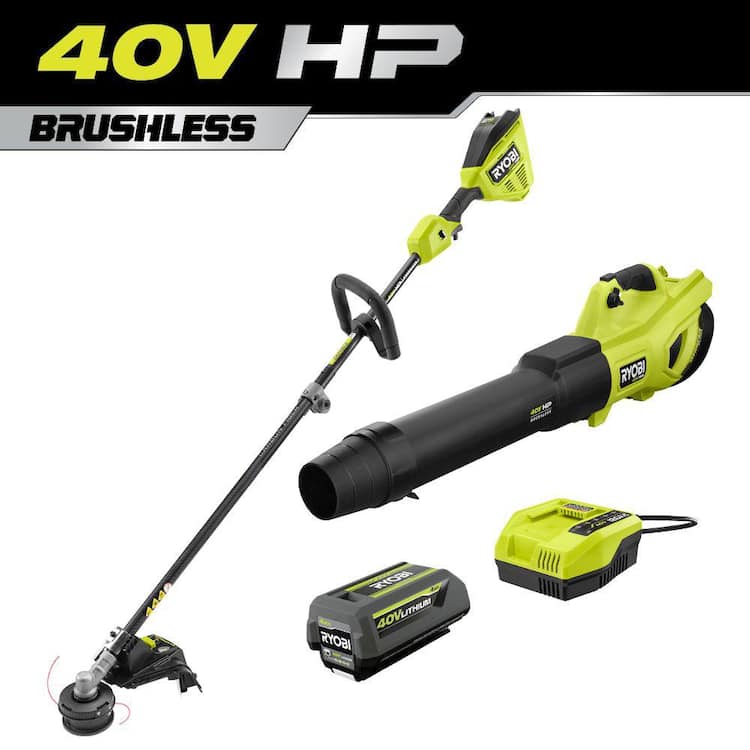 RYOBI 40V HP Brushless 650 CFM 160 MPH Cordless Leaf Blower and Carbon Fiber String Trimmer with 4Ah Battery and Charger