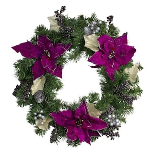 24 in. Artificial Unlit Two-Tone Pine with Purple Poinsettias Silver Pine Cones and Berries Christmas Wreath