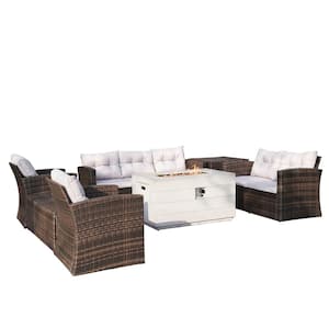 Sunny 7-Piece Wicker Rectangle Firepit Table Outdoor Patio Conversational Set with Beige Cushions