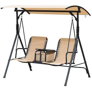 2-Person Covered Porch Metal Patio Swing with Pivot Storage Table, Cup Holder, and Sling Fabric