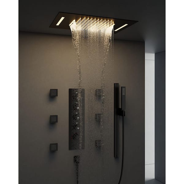 15-Spray LED Mood Lighting 23 x 15 in. Ceiling Mount Dual and Handheld Shower 2.5 GPM with Slider Bar in Matte Black