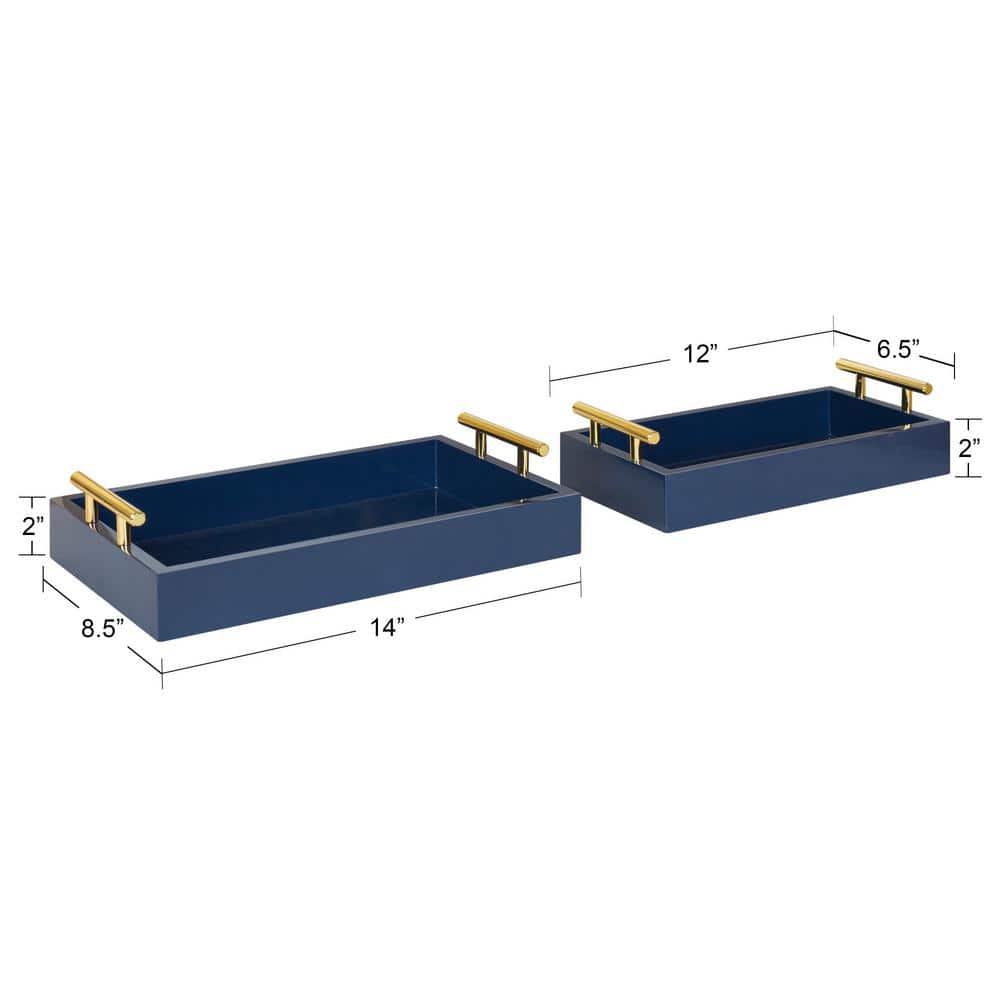 Navy Blue and Gold Rectangular Wood Tray Set with Metal Handles