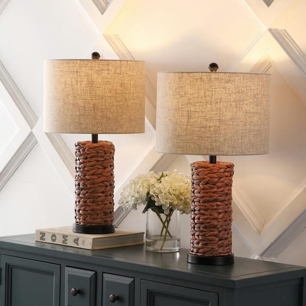 Elicia 25 in. Coastal Water Hyacinth LED Table Lamp Set with Metal Base and Linen Shade, Dark Brown (Set of 2)