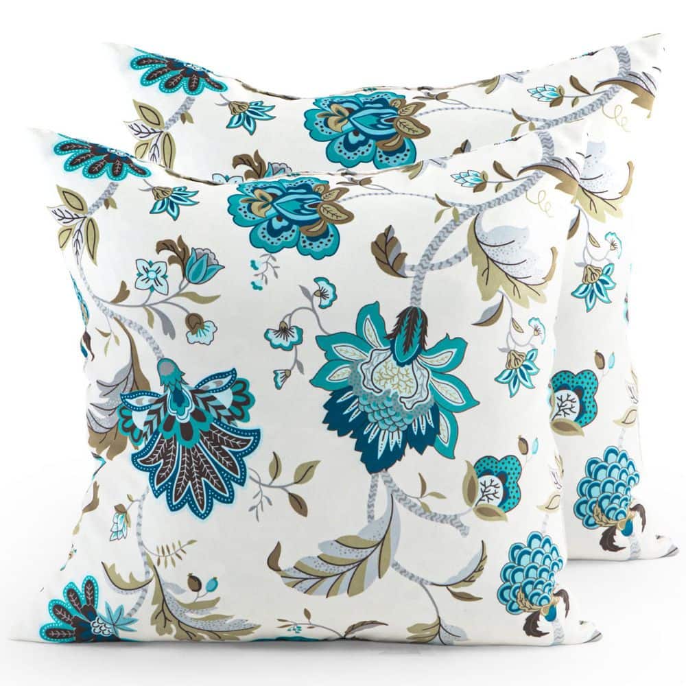26 x 26 Outdoor Feather Down Throw Pillow Blue Floral Embroidery Printed Fl