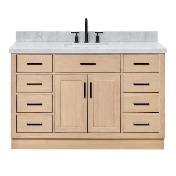 Hepburn 54 in. Single Sink Freestanding Bathroom Vanity in Oak with Carrara White Marble Top