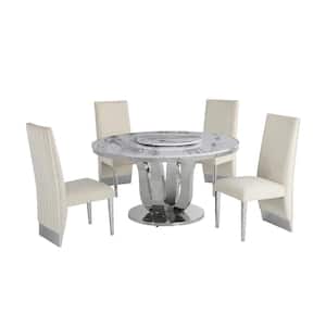 Gina 6-Piece Marble Top With Lazy Susan Stainless Steel Base Table Set With 4 Cream Velvet, Nail Head Trim Chairs