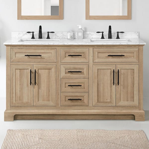 Doveton 60 in. Double Sink Freestanding Weathered Tan Bath Vanity with White Engineered Marble Top (Assembled)