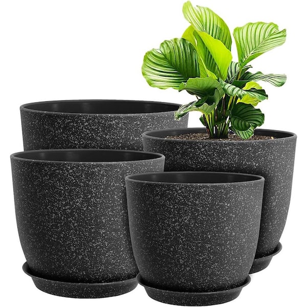 ITOPFOX Modern 7 in. L x 6 in. W x 5 in. H Speckled Black Plastic Round Indoor Planter (4-Pack)