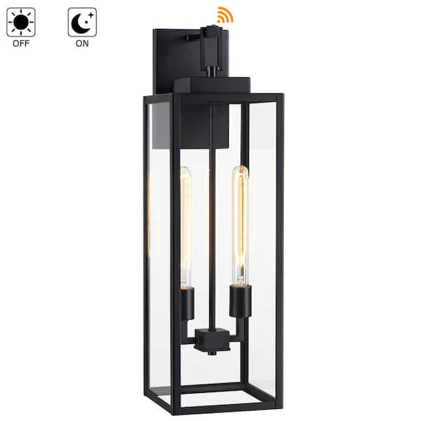 Hukoro Bonanza 27 in. H 2-Light Matte Black Hardwired Outdoor Wall Lantern Sconce with Dusk to Dawn